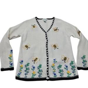 Vintage Quacker Factory embroidered bee floral sweater cardigan sequin